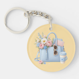 Blue Floral Handbag with Sunglasses and Coffee Keychain