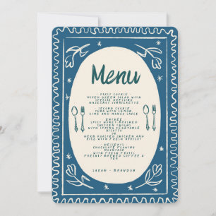 Blue Floral Handwritting Modern Wedding  Menu Invi Invitation