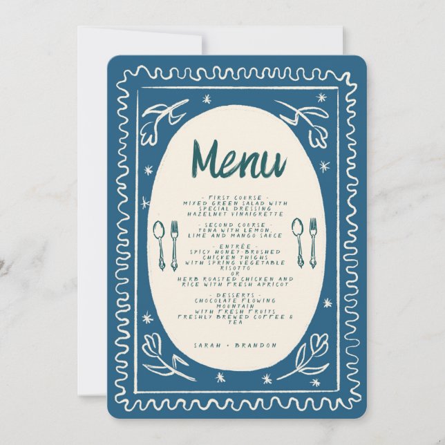 Blue Floral Handwritting Modern Wedding  Menu  Invitation (Front)