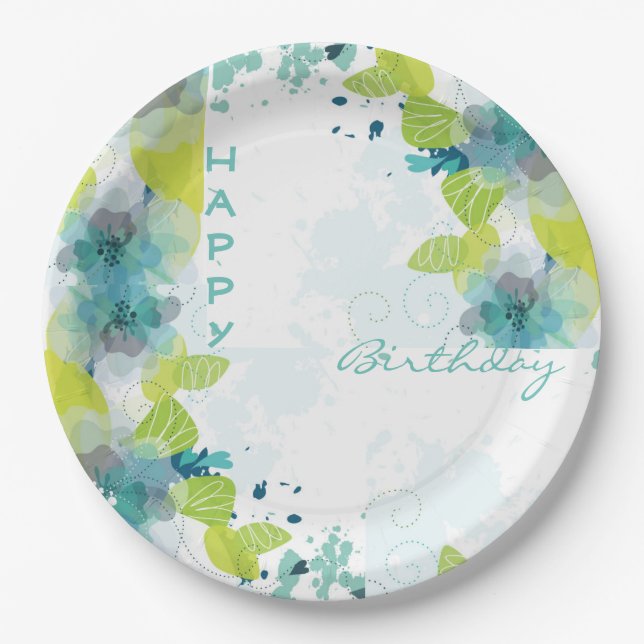 Blue Floral Happy Birthday 9" Paper Plates (Front)