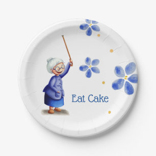 Blue Floral Happy Grandmother with Cane Eat Cake Paper Plate
