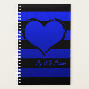 Blue Floral Heart Black Stripes Planner