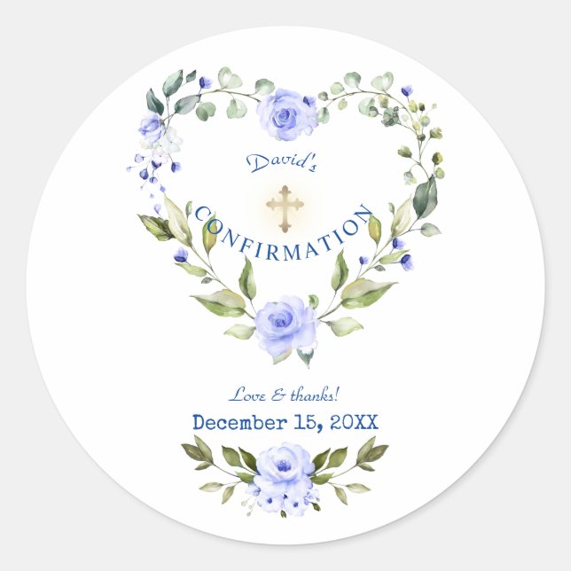 Blue Floral Heart Gold Cross Boy Confirmation Classic Round Sticker (Front)