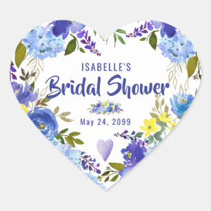 Blue Floral & Heart Personalized Bridal Shower Sticker