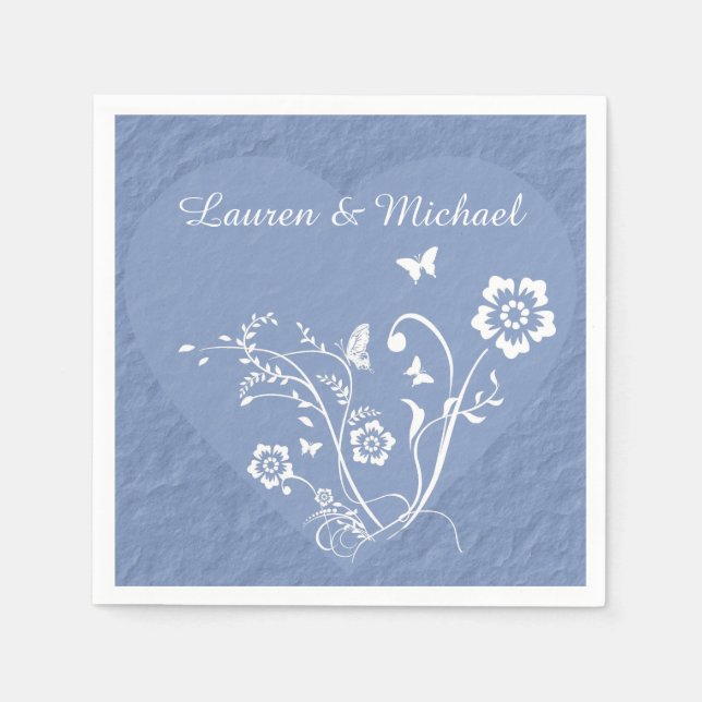 Blue Floral Heart Personalized Wedding Napkin (Front)