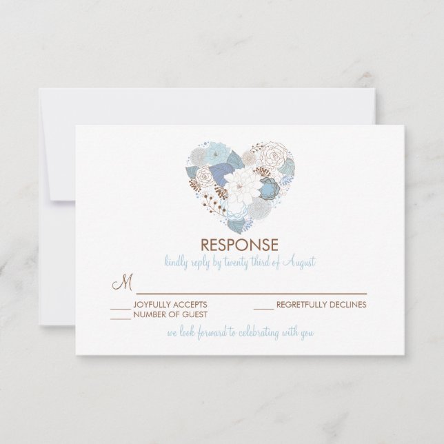 Blue Floral Heart Wreath Wedding RSVP Card (Front)