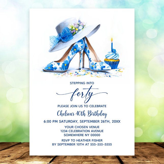 Blue Floral High Heel Shoes 40th Birthday Party Invitation (Creator Uploaded)