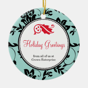 Blue floral holiday greeting custom business logo ceramic ornament