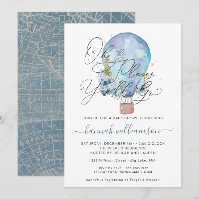 Blue Floral Hot Air Balloon Baby Shower Invitation (Front/Back)
