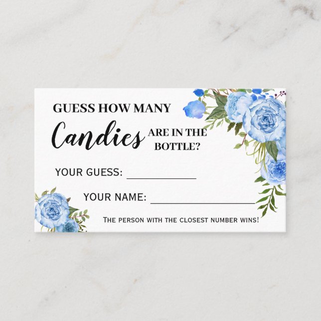 Blue Floral How Many Candies Baby Shower game card (Front)