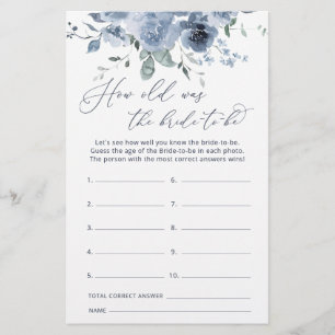 Blue Floral How Old is the Bride to Be Game