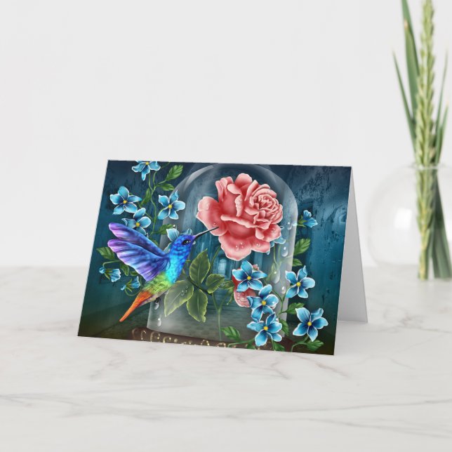 Blue Floral Hummingbird All Occasion Note Card (Front)