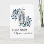 Blue Floral | Husband Birthday | Virgin  Mary Card<br><div class="desc">This is a lovely traditional image of the Blessed Virgin Mother Mary holding a pink rose.  The blue floral sprays are on each side of her.  Text and fonts may be modified.</div>