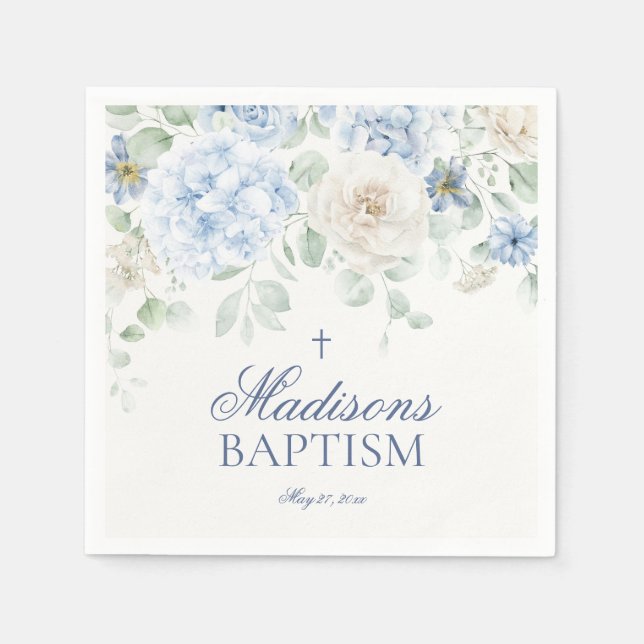 Blue Floral Hydrangea Botanical Blooms Baptism Napkin (Front)