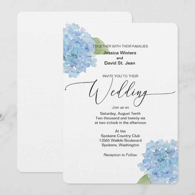 Blue Floral Hydrangea design Faire-part de mariage (Devant / Derrière)