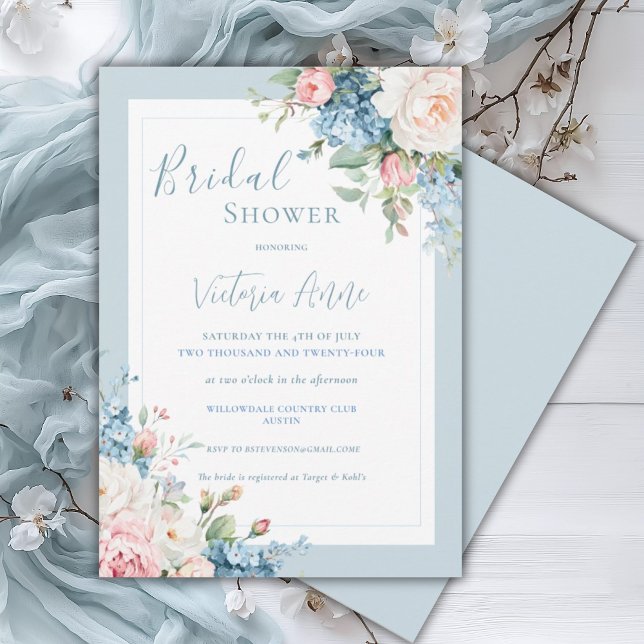 Blue Floral Hydrangea Elegant Bridal Shower Invitation (Creator Uploaded)