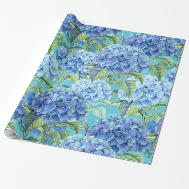 Blue floral Hydrangea Flower pattern Wrapping Paper (Unrolled)