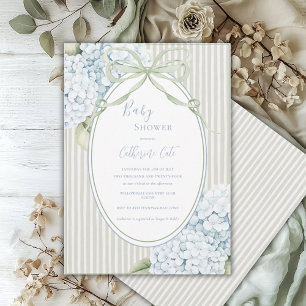 Blue Floral Hydrangeas Sage Green Whimsical Baby Invitation
