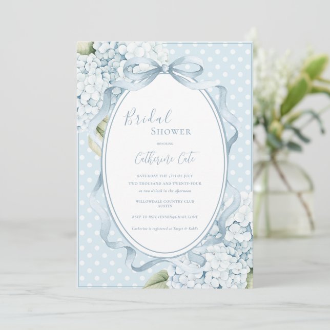 Blue Floral Hydrangeas Whimsical Bridal Shower  Invitation (Standing Front)