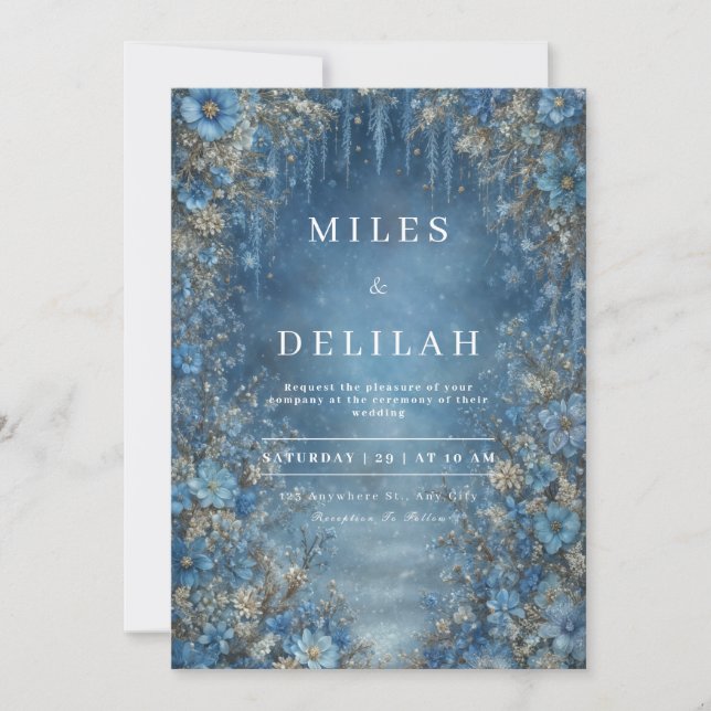 Blue Floral Icicle Winter Wonderland Wedding Invitation (Front)