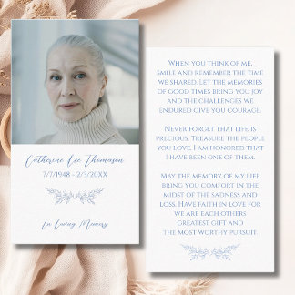 Blue Floral In Loving Memory Photo Prayer Card