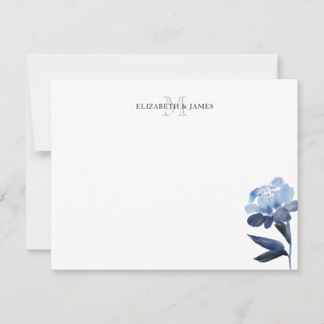 Blue Floral Initial Monogram Couple Personalized Card (Front)