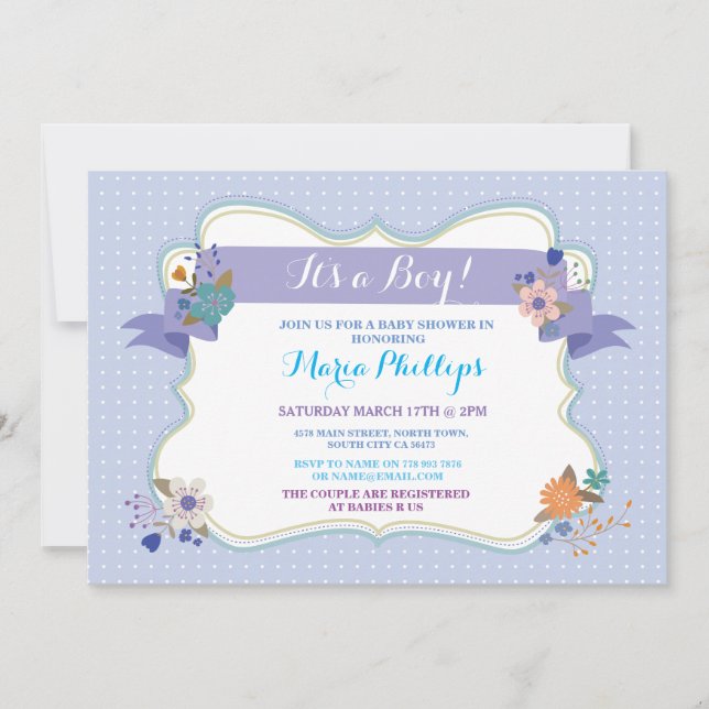 Blue Floral It's a Boy / Twins Baby Shower Invite (Front)