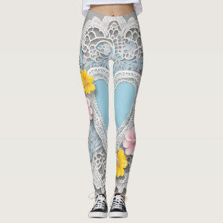 Blue floral lace heart bohemian AI art Leggings
