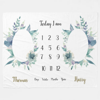 Blue floral leaves arrangement Twins Milestone Fleece Blanket