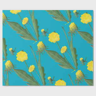 Blue Floral Leaves Black Background Wrapping Paper