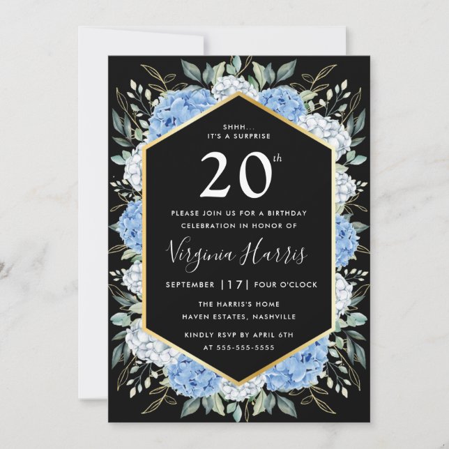 Blue Floral Leaves Black Twenty 20th Birthday Invitation (Front)
