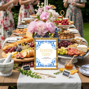 blue floral leaves "Grazing Table"  Sign Invitation