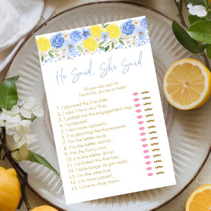 Blue Floral Lemon He Said She Said Bridal Game