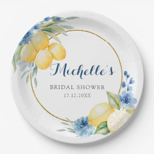 Blue Floral Lemon Main Squeeze Baby Shower Paper Plate