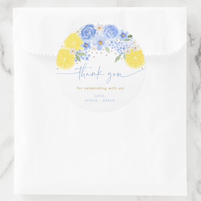 Blue Floral Lemon Main Squeeze Bridal Shower Classic Round Sticker (Bag)