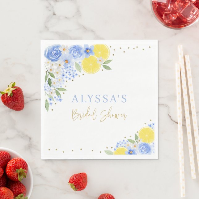 Blue Floral Lemon Main Squeeze Bridal Shower Napkin (Insitu)