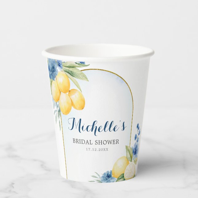 Blue floral Lemon Main Squeeze Bridal Shower Paper Cups (Front)