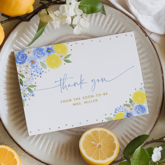 Blue Floral Lemon Main Squeeze Bridal Shower Thank You Card (Creator Uploaded)
