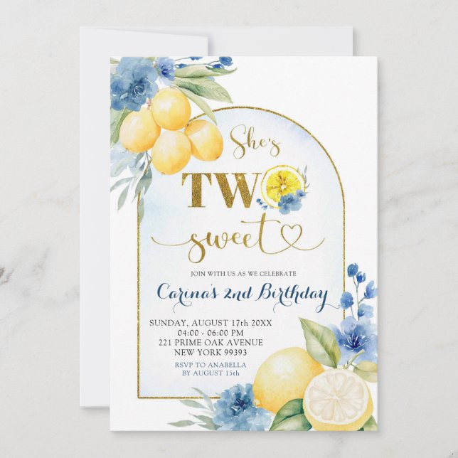 Blue floral Lemon Main Squeeze Two Sweet Birthday Invitation (Front)