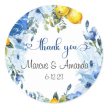 Blue Floral Lemon Round Sticker