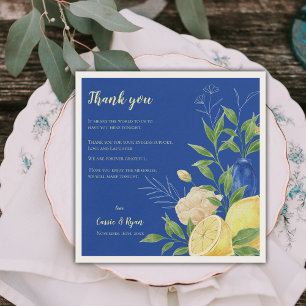 Blue Floral Lemon Wedding Party Thank You Message Napkin