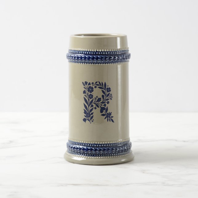 Blue Floral Letter R Monogram Mug (Center)