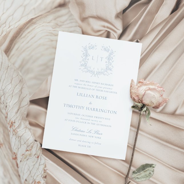 Blue Floral Line Art Monogram Crest Wedding Invitation (Creator Uploaded)