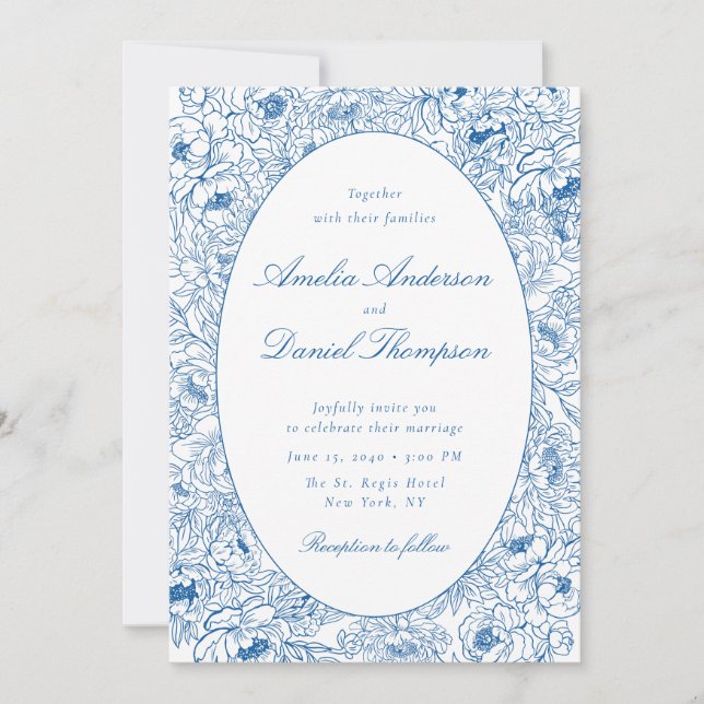 Blue Floral Line Art Wedding Invitation (Devant)