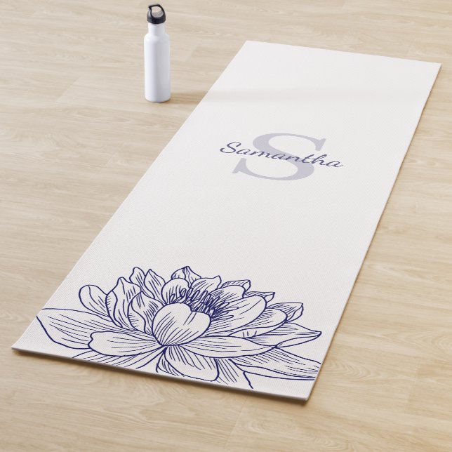 Blue Floral Line Drawing Personalized Yoga Mat (In Situ)