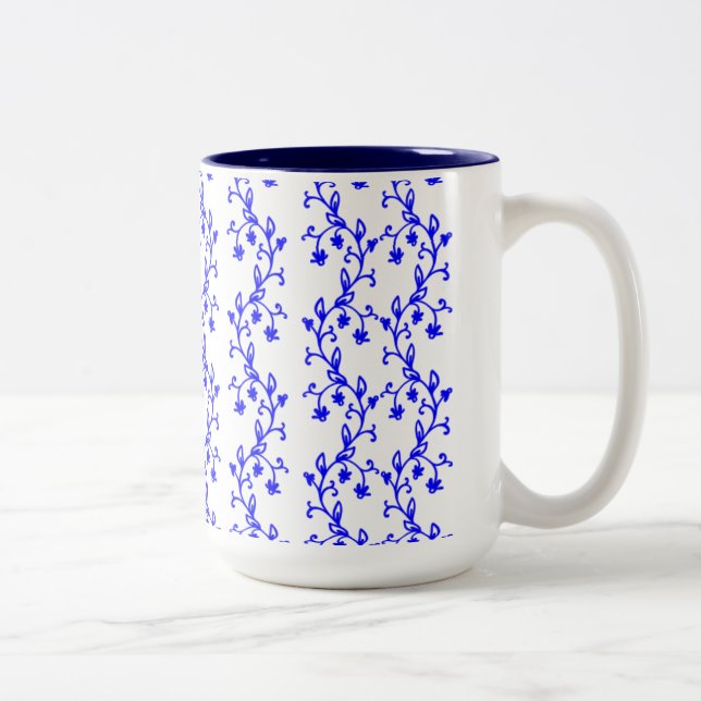 Blue floral lines Two-Tone coffee mug (Right)