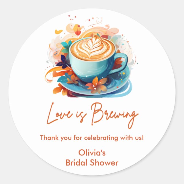 Blue Floral Love is Brewing Coffee Bridal Shower  Classic Round Sticker (Front)