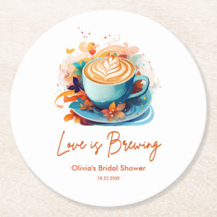 Blue Floral Love is Brewing Coffee Bridal Shower  Round Paper Coaster