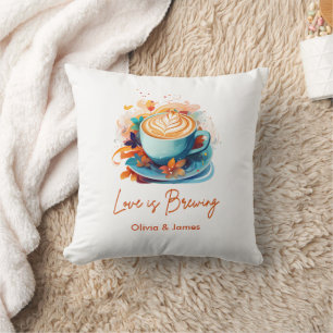 Blue Floral Love is Brewing Coffee Bridal Shower  Throw Pillow