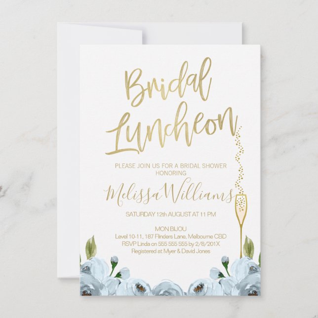 Blue Floral Luncheon Bridal Shower Invitation (Front)